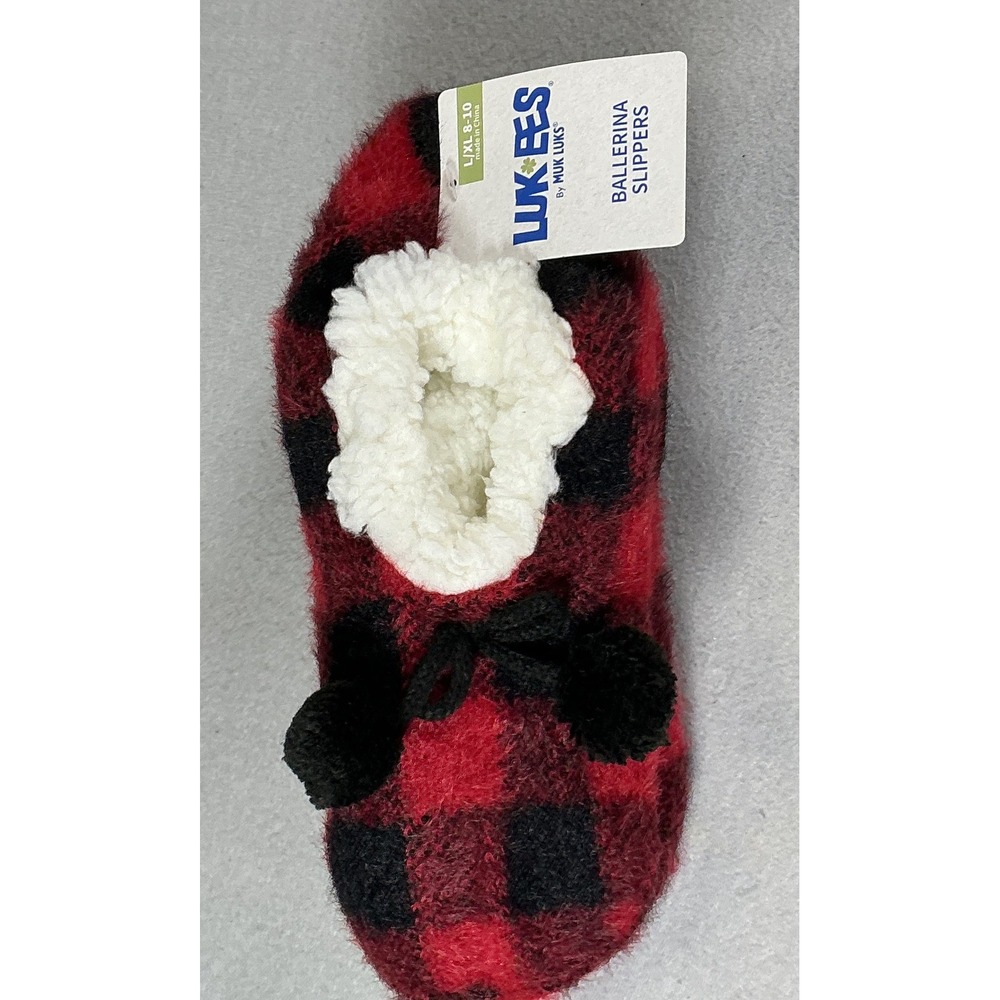 MUK LUKS Ballerina Slippers Womens L/XL 8-10 Red Black Buffalo Plaid NWT Cozy